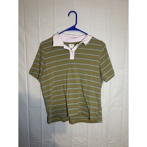 URBAN OUTFITTERS BDG Striped Polo Shirt XS Green Yellow Blue Short Sleeve Crop